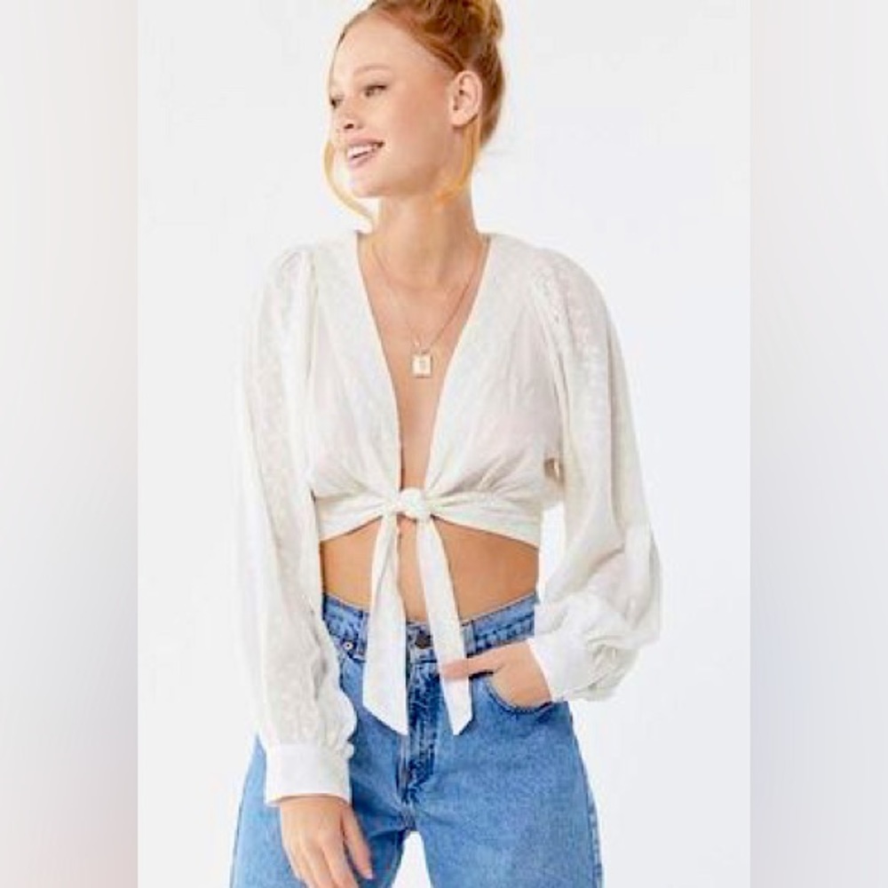 Urban Outfitters Alanis White Embroidered Tie-Front Blouse